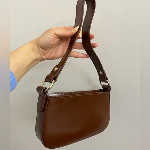 ASOS Leather 90s shoulder Bag Handbag Purse Rectangle Chocolate Brown Gold NWT - Picture 2 of 16